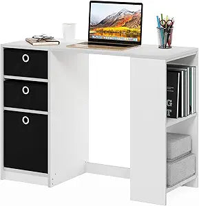 Furinno Jaya Desk, 39.4" Wide Gaming Desk with Drawer Bins, Computer Desk with Side Book Shelf, Writing Desk, Office Desk for Home Office, Study Room, Dorm, Bedroom, White