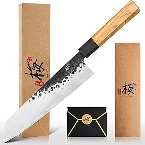 9 Inch Japanese Kiritsuke Chef Knife, Hand Forged High Carbon Steel Gyuto Kitchen Knife for Meat Fish Vegetables, Professional Cooking Knife with Olive Wood Octagonal Handle & Gift Box