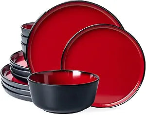 LEHAHA Melamine 12-Piece Modern Dinnerware Set, Kitchen Plates and Bowls Sets, Luxury 2 tone Red and Black Ceramic look Dish Set for 4.Christmas Luxury dinnerware dishes set.