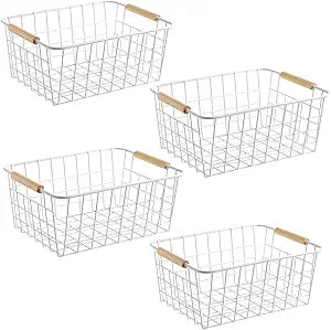 LeleCAT White Wire Baskets for Organizing with HandlesPantry Organizers and Storage For Kitchen, Household Snack Basket for Cabinets, Closets, Bedrooms,food - Set of 4(White)
