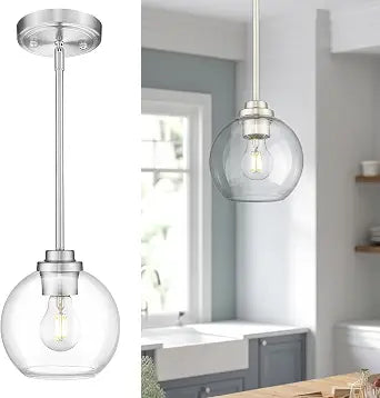 7-Inch Brushed Nickel Pendant Light,Clear Globe Glass,PL101BN