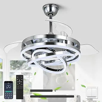 42 Inch Retractable Ceiling Fan, Modern Ceiling Fans with Lights and Remote, Silent DC MotorDimmable,Timer Setting,6 SpeedChrome Chandelier Ceiling Fans with Lights for Bedroom/Living Room