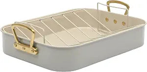 Gibson Home Broxton 2-Piece Nonstick Roaster Pan with Rack  16 x 12 Inch Taupe Turkey Roasting Pan with Cast Aluminum Gold Handles  Oven-Safe, Easy-Clean, Holiday Cookware