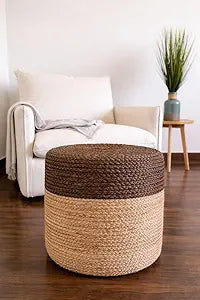 S & L Homes Pouf Ottoman - 100% Jute Braided Footrest Pouf Hand Knitted Traditional Cord Boho Pouffe for Living Room, Bedroom, Nursery, Patio, Lounge Colorblock - Natural Brown (16x16x16)