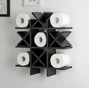 Weysat Tic Tac Toe Toilet Paper Holder Stand Bathroom Wall Decor Rustic Wooden Hanging Storage Freestanding Wall Mounted Shelves Decor for Toilet Tissue Farmhouse