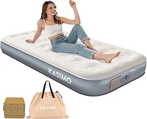 KASIMO Twin Air Mattress Twin Built-in Battery Powered Removable Pump, Blow Up Mattress Inflatable AirBed with Soft Suede Surface, Strong Support, Inflatable Air Bed for Home Guests Camping