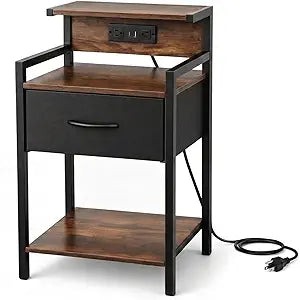 Narrow End Table with Charging Station, 16.5" W Side Table for Small Spaces, 2 AC Outlets + USB-C & USB-A, UL Listed, Fabric Drawer, 3-Tier Storage Shelf, 5ft Cord, Rustic Brown/Black
