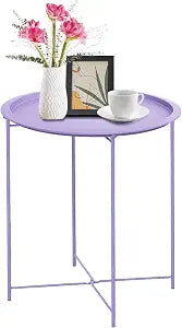 Garden 4 you End Table Metal Side Table Purple Round Folding Tray Cyan Sofa Small Accent Fold-able Table, Round End Table Tray, Next to Sofa Table, Snack Table for Living Room and Bed Room