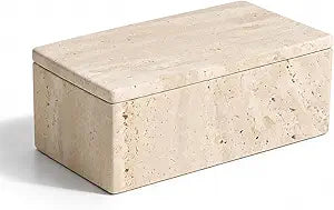 Natural Travertine Marble Box with Lid, Rectangular Stone Storage Container for Jewelry, Makeup Pads, Cotton Swabs and Bathroom Essentials, Beige Decorative Box