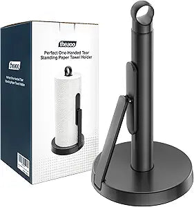 theaoo Heavy-Duty Stainless Steel Paper Towel Holder with Tension Arm  Easy One-Handed Tear, Modern Standing Countertop Dispenser for Kitchen, Holds All Paper Towel Rolls (1, Black)