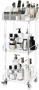 Aquiver Acrylic Makeup Organizer Storage Cart - 3 Tier Rolling Makeup Cart Vanity Organizer - Cosmetics Display Cases Holder for Skincare Cosmetics, 11.8'' L x 9.8'' W x 31.7'' H, Clear