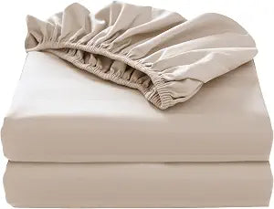 2-Pack Pure Cotton Twin XL Bottom Sheet for Adjustable Bed Split King, 600 TC 16" Deep Pocket Egyptian Cotton Fitted Sheet (2-Pack, Twin XL, Stripted Beige)