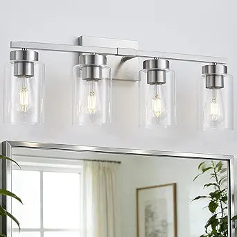 4-Light Bathroom Light Fixtures, Nickel Modern Vanity Lights Over Mirror, Bathroom Wall Sconces with Clear Glass Shade for Living Room Bedroom Hallway Cabinet Porch