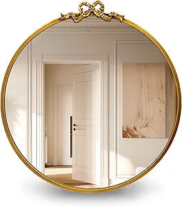 Vintage Round Gold Bow Mirror: 27.5" Antique Bathroom Mirrors with Metal Frame - Baroque Traditional Ornate for Entryway/Dressing Table/Bedroom/Fireplace - Home Wall Decor for Living Room