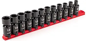 TEKTON 3/8 Inch Drive 6-Point Universal Joint Impact Socket Set with Rail, 12-Piece (8-19 mm) | SID97102