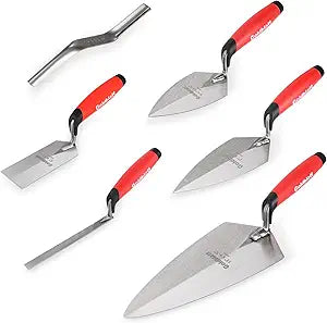 Goldblatt 6PCS Masonry Hand Tool Set - 11" x 5-1/2" Philadelphia Brick Trowel, 2PC Pointing Trowel, 5" x 2" Margin Trowel, 1/2" Tuck Pointing Trowel, 5/8 x 1/2 Convex Brick Jointer