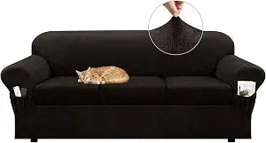 Sofa Slipcover with Armrest Pockets 4-Piece Set, Stretch Faux Leather Couch Cover for 3-Cushion Couches(Fits 72-92") - Non-Slip, Machine Washable, Pet & Kid Friendly - Coffee