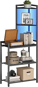 HOOBRO 5-Tier Corner Shelf Stand, Corner Shelf with LED Light, 56.3" Tall Corner Bookshelf, Display Rack Storage Organizer with Table, for Small Spaces, Living Room, Entryway, Black BB69DCJ01