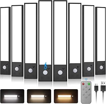 8"8 Pack Under Cabinet Lighting Wireless with Remote,56 LED Rechargeable Motion Sensor Light Indoor,3000mAh Cabinet Lighting,3 Color Modes &7 Dimmable Levels,Magnetic Under Counter Lights for Kitchen