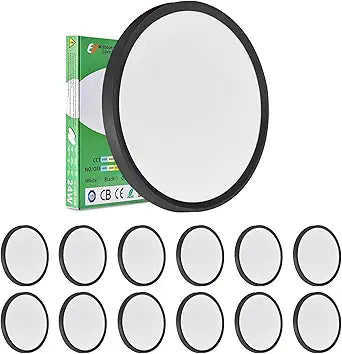 12PK 12 Inch LED Flush Mount Ceiling Lights, 24W, 2520LM, 3000K/4000K/6000K CCT Selectable, Round Flat Panel Low Profile Ceiling Lights Fitting for Hallway, Kitchen, Bedroom, Laundry Room, Black
