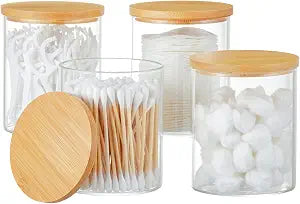 INIUNIK 4 Pack Glass Qtip Holder Dispenser for Cotton Swabs, Balls, Pads