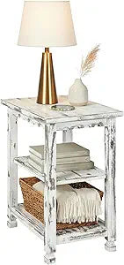 Alaterre Furniture Country Cottage Rustic Farmhouse Nightstand  3-Tier Narrow End Table with Weathered Faded Finish, Carved Edges, & Turned Legs (Distressed Antique White)