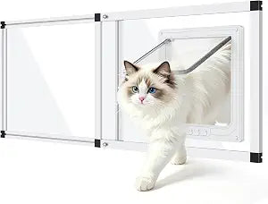 Unbreakable PC Cat Door for Window  100% Polycarbonate | No Metal Frame & Glass | Fits 28.5"-32" Width Window, 1-Min Install, Adjustable Window Cat Door Insert with 4 Locking Models