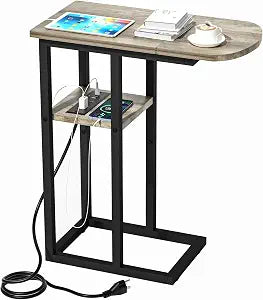 eiskah C Table End Table with Charging Station, Couch C Shaped Side Table for Living Room, Bedroom, Laptop Table with USB Ports and Type-C Port, Snack Tray Table for Couch
