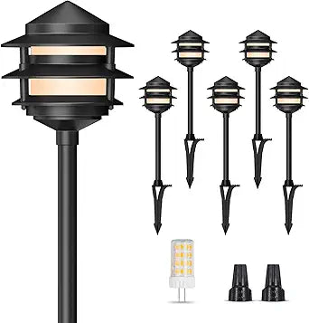 Gardencoin Pagoda Low Voltage Landscape Pathway Lights, 12V Outdoor LED Path Lights Wired, Aluminum Walkway Lighting with 4W 2700K Replaceable G4 Bulb, Classic 3-Tier Lantern, 6 Pack