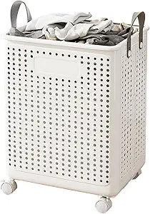 WESAPPINC Collapsible Large Laundry Hamper, Plastic Laundry Basket with Wheels,Suitable for Bathroom, Bedroom, Dorm Room & Laundry Room,Basket with Handle (White)