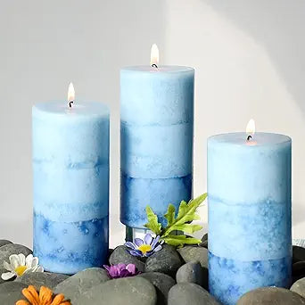 Lilac Scented Pillar Candles - 3 Pack Blue Layered 3x6 Inch Long-Lasting Clean Burning Decorative Candle for Home Decor and Bathroom Decorations