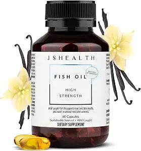 JSHealth High Strength Fish Oil. 900mg Omega-3 per Capsule with 540mg EPA and 360mg DHA. Wild-Caught, Friend of the Sea Certified, Vanilla Coated. No Fishy Aftertaste (60 Capsules)