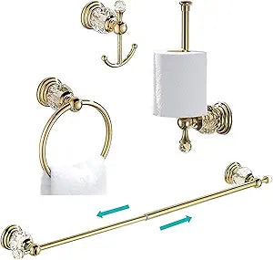 Leyden Gold Crystal Bathroom Accessories, Towel Bar Set Toilet Paper Holder Towel Ring Coat Hooks Shinny Bathroom Hardware Wall Mounted 4 Pieces with Crystal Ball Base