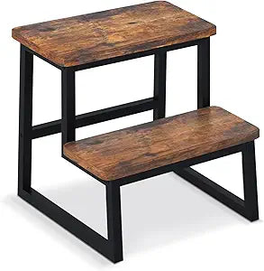Step Stool for Adults,Holds up to 500Lb,Heavy Duty Sturdy Two Step Stool for Kichen/Bathroom/High beds, Wooden&Metal Frame, Non-Slip Pads