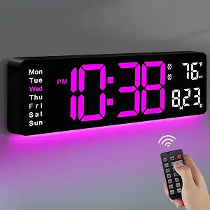 MASHI 16" Easy-Read Large Digital Wall Clock,9-Color Night Light,Auto-DST