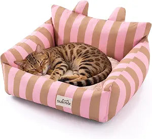 Cat Couch, Reversible Pet Sofa for Indoor Cats 2-Sided Cat Sofa with Oxford Fabric and Plush Fleece, Washable Small Dog Couch for Puppies and Senior Pets, Non-Slip Bottom, 22 inch, Pink Brown