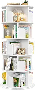 Aheaplus Rotating Bookshelf, 360 Display Wood Spinning Bookshelf Tower, 5 Tier Floor Standing Bookcase Storage Rack, Revolving Bookcase Corner Bookshelfs for Small Space, Bedroom, Study Room, White
