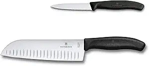 Victorinox Swiss Classic 2-Piece Kitchen Starter Set, 7" Santoku Knife and 3.25" Serrated Paring Knife, Black