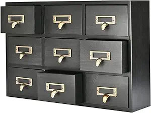 Flexzion Apothecary Cabinet with Drawers - 9 Vintage Drawers, Card Catalog Cabinet, Black Wooden Tabletop Desktop Organizer for Home Office, Jewelry, Makeup, Tools & Small Item Storage