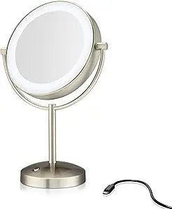 Conair Lighted Makeup Mirror, Double-Sided LED Vanity Mirror with 1X/10X Magnification, 3 Light Settings, 3 Modes, 360 Rotation, Satin Nickel Finish