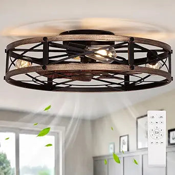 SHLUCE 24" Farmhouse Flush Mount Ceiling Fans with Lights, Caged Low Profile Enclosed Ceiling Fans with Lights and Remote, Rustic Large Bladeless Ceiling Fan with Light for Bedroom, Kitchen - ETL