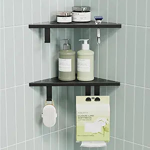 10 Shower Corner Shelf, Stainless Steel Shower Shelves with Razor Hole for Bathroom, Grout in Corner Shelf with Hooks for Tiled Wall 2 Pack, Matte Black