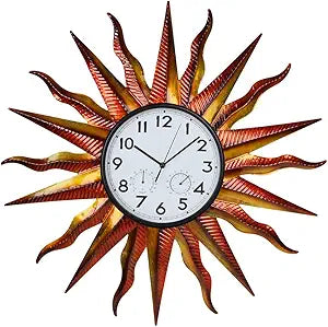 Large Outdoor Clock with Thermometer & Humidity - Silent Non-Ticking, Retro Sun Outdoor Wall Clock for Patio, Garden, Kitchen, Living Room(Yellow)
