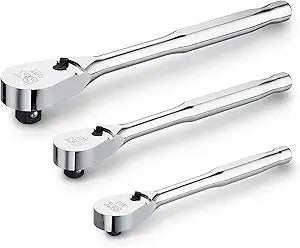 SK 3-Piece Ratchet Set, 1/4", 3/8", 1/2" Drive Ratchet, Pear Head, 90-Tooth, CR-MO Steel, with Contoured Handle