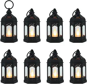 LLQ 8Pcs Mini Lanterns for Centerpiece, Medieval Gothic Fairy Party Decor, Decorative Candle Lanterns for Indoor, Small Vintage Lantern for Halloween Christmas Wedding Table Decor, Black