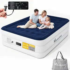 Queen Air Mattress with Built in Pump, 18" Inflatable Mattress, 3-Min Fast Inflation Air Bed, Leak-Proof Queen Size Air Mattress, Portable Blow Up Mattress for Guests, Moving, Camping & Home