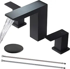 Black Bathroom Faucet, 8 Inch Widespread Matte Black Bathroom Sink Faucet, 3 Hole Waterfall Vanity Faucet with Pop-Up Drain and Hoses for Bathroom Sink Vanity Rv