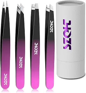 4-Piece Precision Tweezers Set - Stainless Steel Slant, Pointed, Flat & Angled Tips forEyebrow Shaping, Facial & Ingrown Hair Removal - Eco-Friendly Gift Packaging - Women& Men