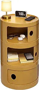 3 Tier Round Nightstand with Drawer, Ginger Yellow Bedside Table with Storage Cabinet, Modern Plastic End Table for Bedroom, Living Room, Small Spaces,No Assembly Required