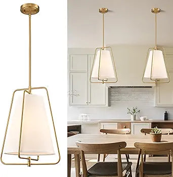 HYDELITE Vintage Gold Pendant Light with White Linen Fabric Adjustable Height Chandelier Brass for Living Room,Dining Room,Kitchen Island,Hallway